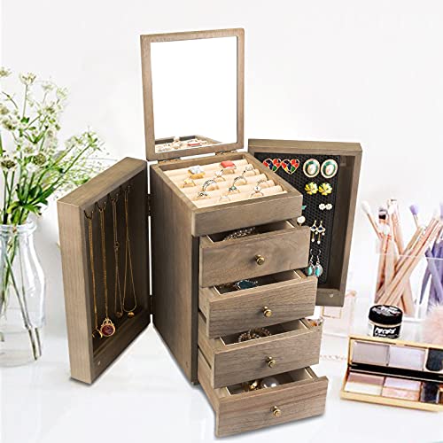 Jewelry Box Wood, 5-Layer Large Organizer w/ Mirror & 4 Drawers