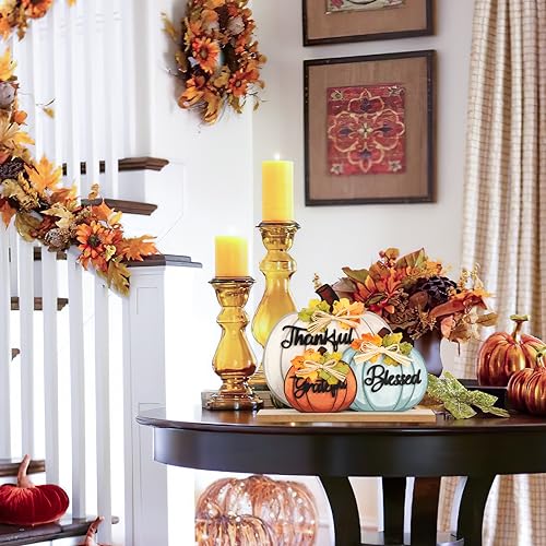 3 Pcs Fall Pumpkin Decor Wooden Table Sign Thankful Blessed Grateful Tabletop for Autumn Farmhouse Vintage