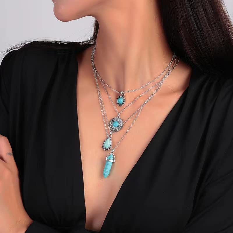 Silver Turquoise Layered Necklaces for Women Girls