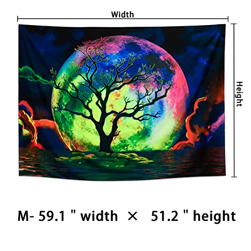 Blacklight Moon Trippy Galaxy Clouds Tree UV Ocean Sea Colorful Starry Sky Tapestry