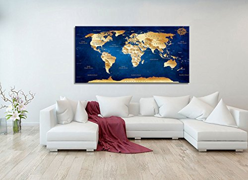 Wall Art Blue World Map Painting Ready to Hang -20" x 40"  Framed