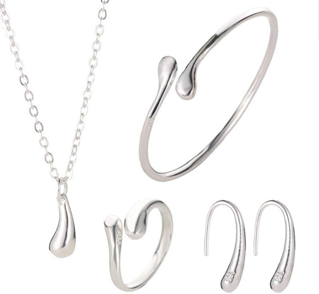 4PCS 925 Sterling Silver Jewelry Set Teardrop Pendant Necklace Earrings Bracelet Ring