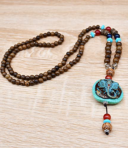 Vintage Long Turquoise Wood Beads Necklace for Women