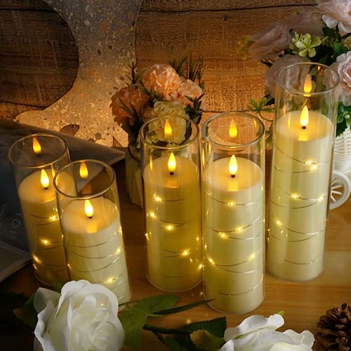 Flameless LED Timer 5 Pc Flickering Flameless Candles for Romantic Ambiance & Home Decoration Durable Acrylic Shell w/  Embedded Star String