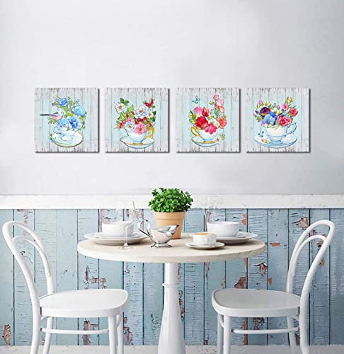 Blue Flower Canvas Wall Art Decor 12x12 - 4 Panels Ready to Hang