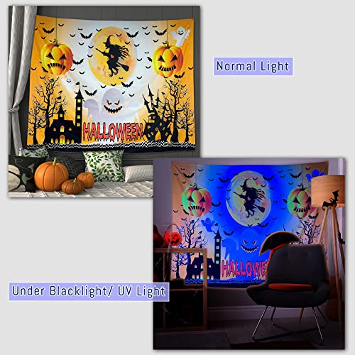 Halloween Blacklight Wall Tapestry Haunted Woods with Grave and Pumpkins, UV Reactive Wall Blanket