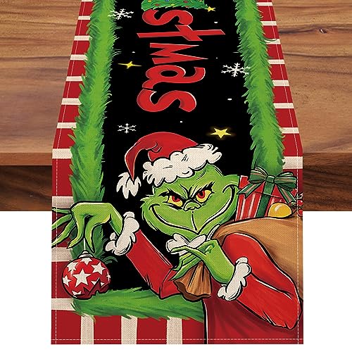 Table Runner, Xmas Tree Gifts Red White Stripes Green Kitchen Dining Table Decor, Funny Holiday