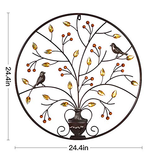 Iron Wall Sculptures - Metal Round Wall Decoration w/ Tree & Bird-Brown