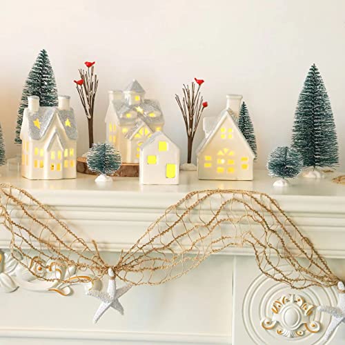 4 Pcs Ceramic Christmas Village Houses w/ 8 Pcs Christmas Trees