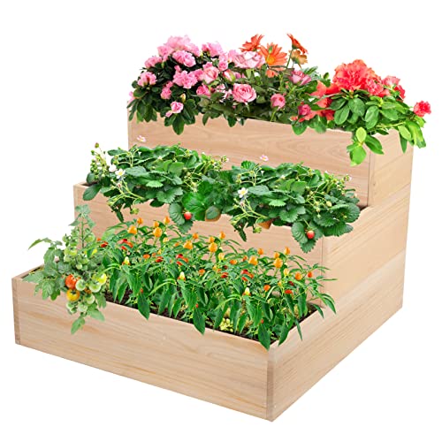 3 Tier Wooden Raised Plant Grow Box, 15.7" × 15.7" × 16.5" Elevated Planter