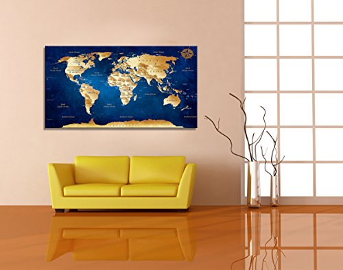 Wall Art Blue World Map Painting Ready to Hang -20" x 40"  Framed