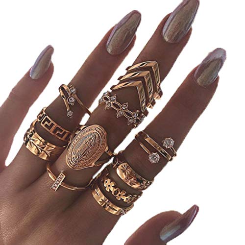 Vintage Ring Set Carved Knuckle Crystal Rings Set Gold Stackable Midi Rings Finger Jewelry for Women