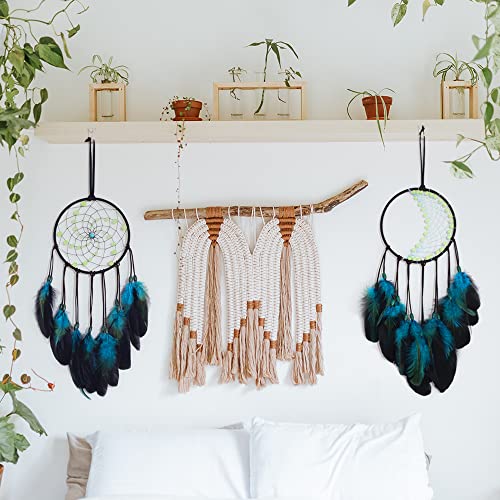 Blue Dream Catchers Handmade, Boho Traditional Circular Net for Wall Hanging Decor,