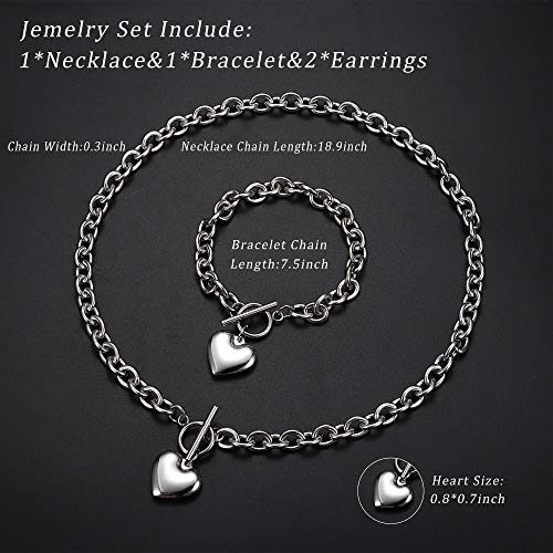 3Sets Heart Pendant Necklace Toggle Chain Heart Bracelet Heart Stud Earrings for Women