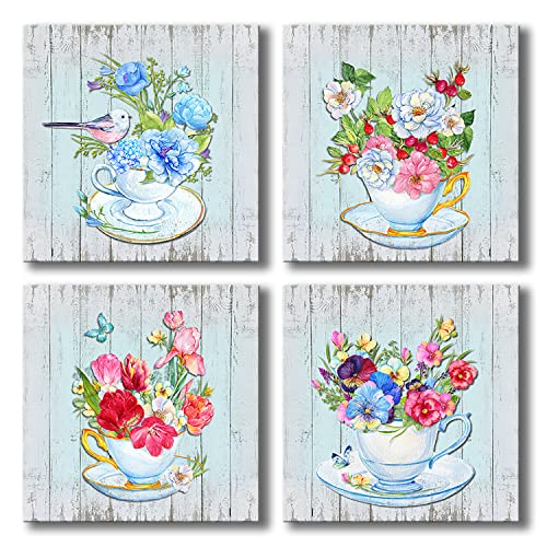 Blue Flower Canvas Wall Art Decor 12x12 - 4 Panels Ready to Hang