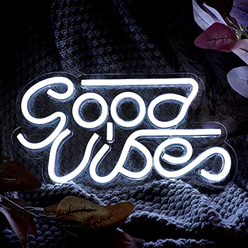 Good Vibes Neon Sign for Wall Decor, Reusable, Powered by USB (White, Pink, Blue)