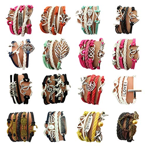 16pcs Vintage Multilayer Woven Leather Alloy Owl Braided Infinity Bracelets for Women