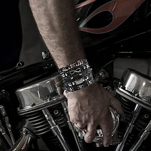 6 Packs Mens Punk Black Leather Bracelets