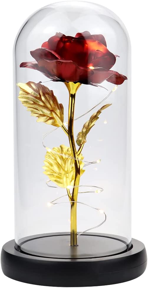 Galaxy Rose in Glass w/ LED Light, Colorful Rose Flower, Valentine's Day (10.2X5.5X5.5in) (Red)