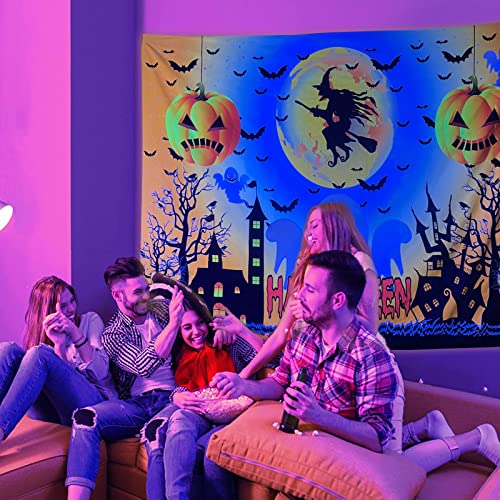 Halloween Blacklight Wall Tapestry Haunted Woods with Grave and Pumpkins, UV Reactive Wall Blanket