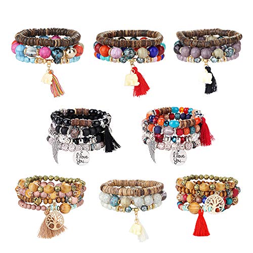 8 Pcs Bohemian Wood Beaded Bracelets Set for Women