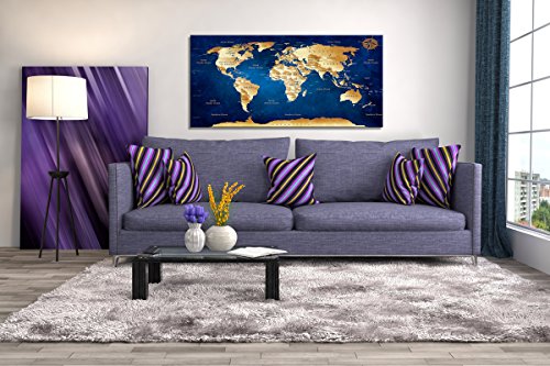 Wall Art Blue World Map Painting Ready to Hang -20" x 40"  Framed