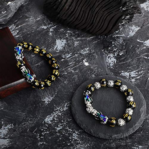 2 Pieces 12 mm Feng Shui Bead Bracelet with Hand Carved Black Amulet