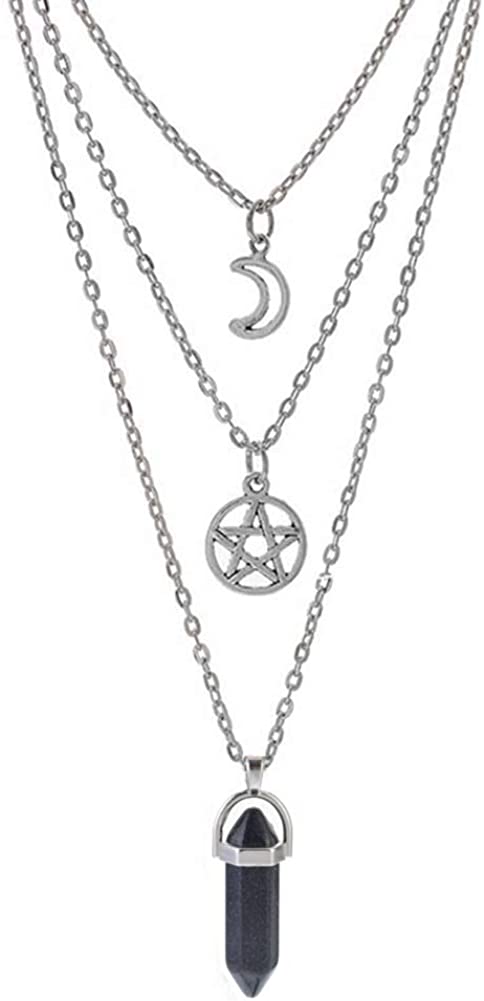Moon Pentagram Necklace Pentacle Crystal Chakra Charm, A-Dark Blue Starry sky stone-3pcs