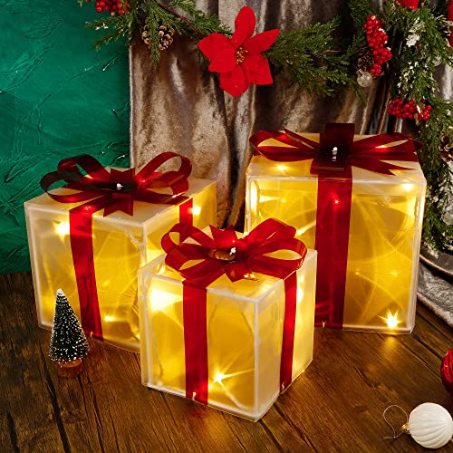 Twinkle Star Set of 3 Christmas Lighted Pop Up Gift Boxes Decorations, Tinsel Present Box, Pre-lit 60 LED Light