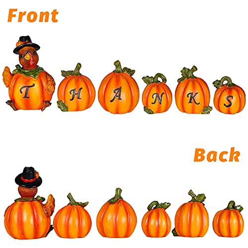 Set of 6 Tabletop Hand-Painted Resin Pumpkin Figurines Thanksgiving Decorations with Engraved Thanks