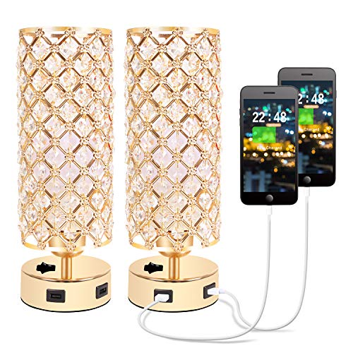 Crystal Gold Table Lamp Set of 2 w/ USB Charging Ports