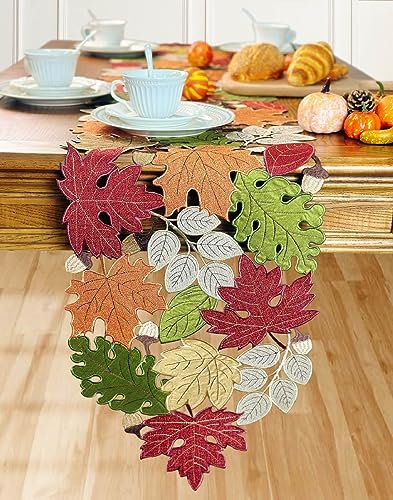 Fall Table Runner 54inches Long, Thanksgiving Harvest Cutwork Embroidered Table Runner 13in x 54in, Autumn Maple Leaves Table Decoration for Home Dining Kitchen Table