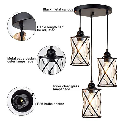 3-Light Industrial Pendant Light, Black Metal Cage Chandelier Lights