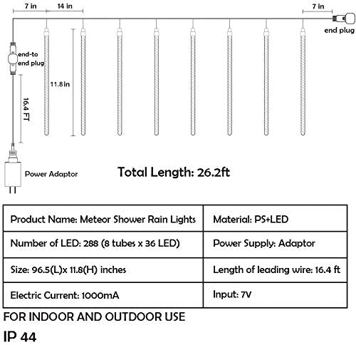 8 Tubes 288 LED Meteor Shower Rain Lights, 30cm Iciclelights Snow Falling Christmas Lights