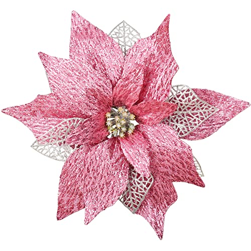 12Pcs Poinsettia Flowers Glitter Christmas Ornaments