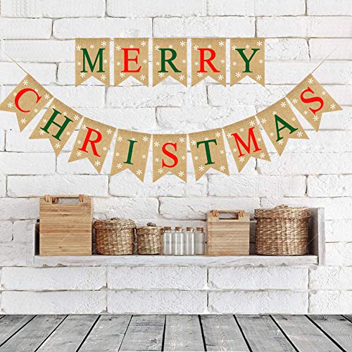 Burlap Merry Christmas Banner w/ Snowflakes Decoration