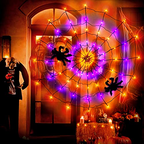 3.9FT Diameter 80 LED Halloween Spider Web Lights w/ Black Spider