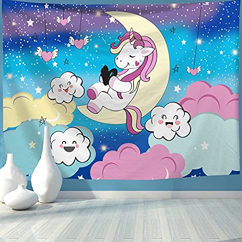 Cartoon Pink Unicorn Tapestry for Girls Bedroom Decoration (51.2"H x 59.1"W)