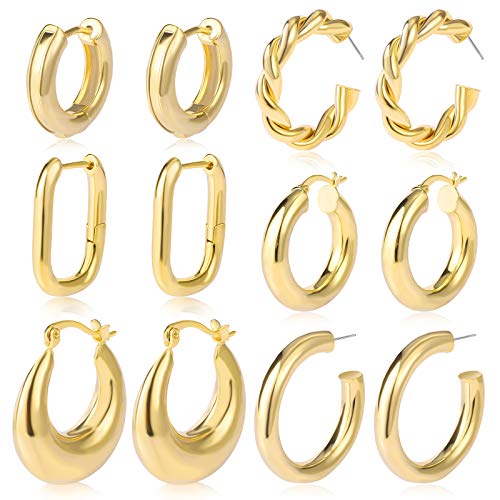 6 Pairs Gold Chunky Hoop Earrings Set for Women Hypoallergenic