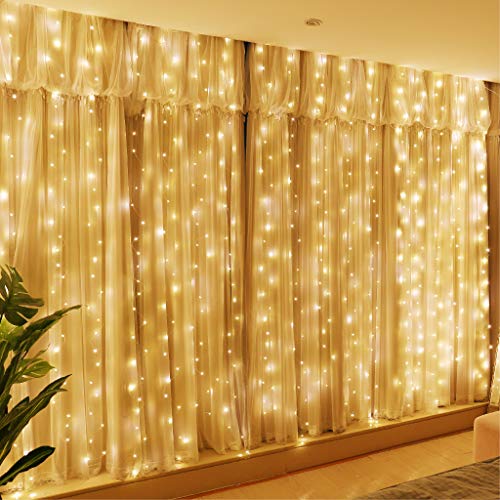 300 LED Fairy Curtain Lights with Remote 8 Modes Timer for Bedroom, 9.8x9.8Ft USB Plug in Adapter