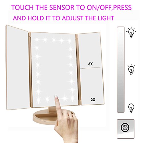 Tri-fold Lighted Vanity Makeup Mirror w/ 3x/2x Magnification, Touch Screen &180 Degree Free Rotation