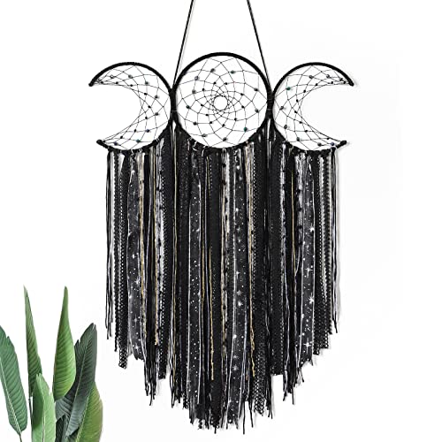 Black Triple Moon Goddess Macrame Wall Hanging Large Dream Catcher Boho Wiccan Moon Phases