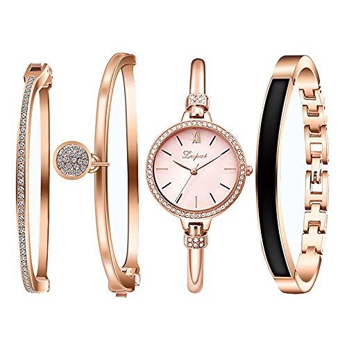 Elegant Rose Gold/Silver Watch & 3 Bracelets Set for Women