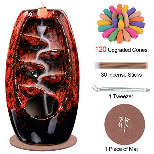 Ceramic Backflow Incense Holder Waterfall Incense Burner Bundle includes 120 Backflow Incense Cones + 30 Incense Sticks, Aromatherapy Home Decor