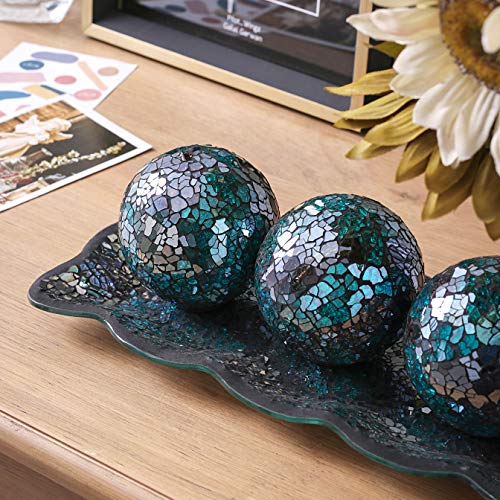 12.4” Mosaic Glass Decorative Tray Dish Plate w/ 3pcs 3" Decorative Orbs