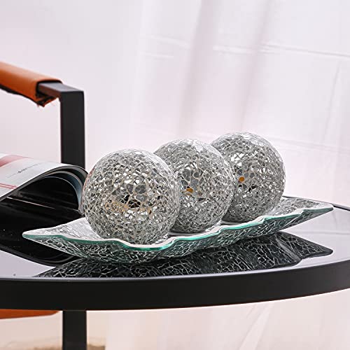 12.4” Mosaic Glass Decorative Tray Dish Plate w/ 3pcs 3" Decorative Orbs