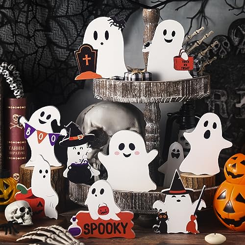 9 Pcs Halloween Wooden Ghost Table Sign Tiered Tray
