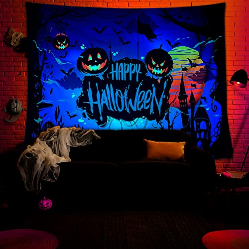 Halloween Blacklight Wall Tapestry Haunted Woods with Grave and Pumpkins, UV Reactive Wall Blanket