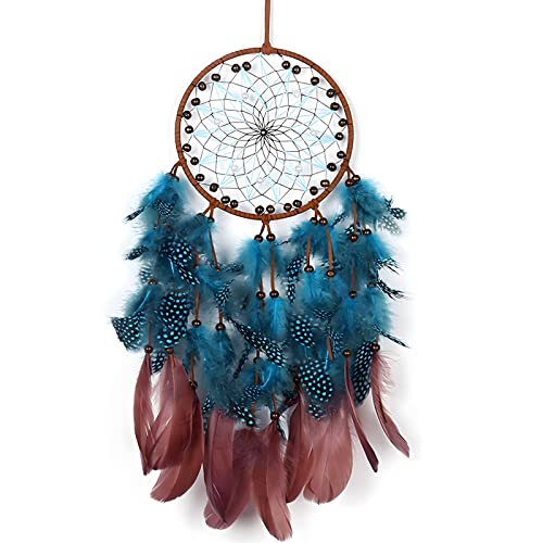 Dream Catcher Boho Sun Dream Catcher Peacock Green Feathers with Handmade Pearl and Wooden Beads,