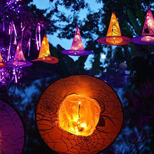 8 Pcs Hanging Witch Hats, 14ft 56 LEDs  Remote Control String Lights, Battery Powered with 8 Lighting Modes for Garden, Yard, Tree